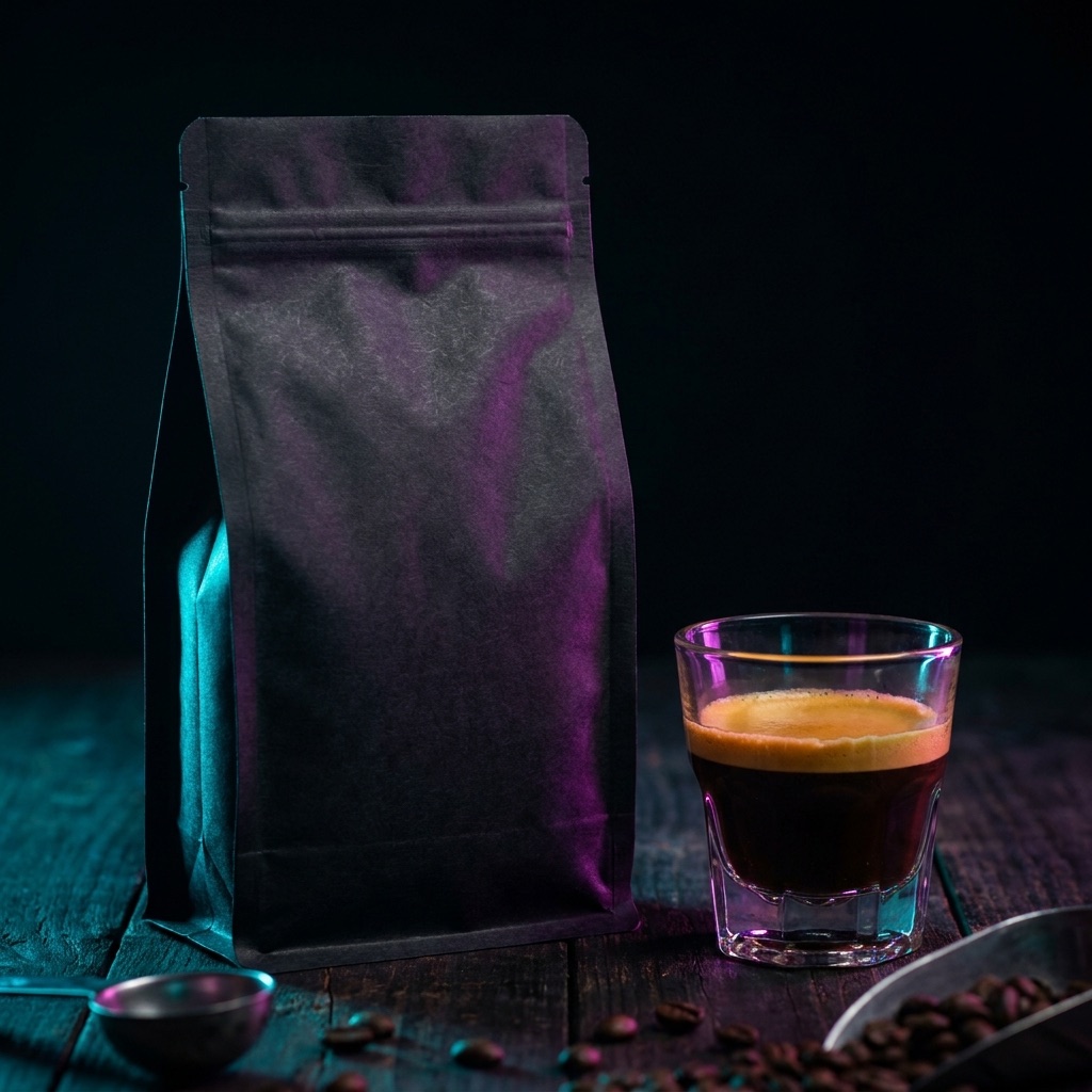 黒いコーヒー袋とエスプレッソ
